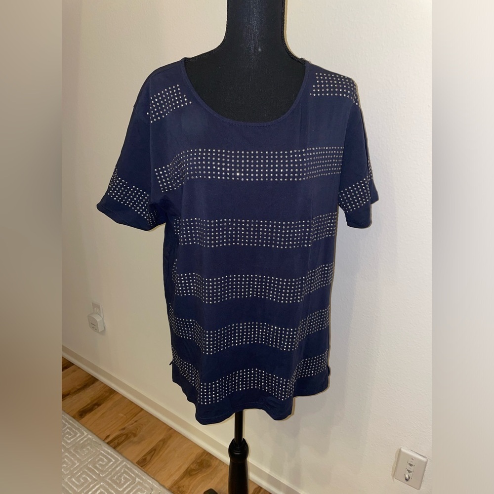 Ellen Tracy Silver Sequin Striped Navy T-Shirt - Size L